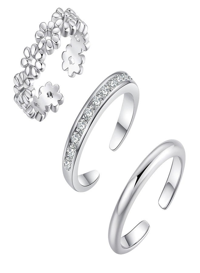 Sfoni 3Pcs Toe Rings for Women, Adjustable Open Toe Ring 18K Silver Cubic Zirconia Daisy Flower Simple Thin Band Hug Rings Stackable Hawaiian Summer Beach Foot Jewelry Set - Image 1